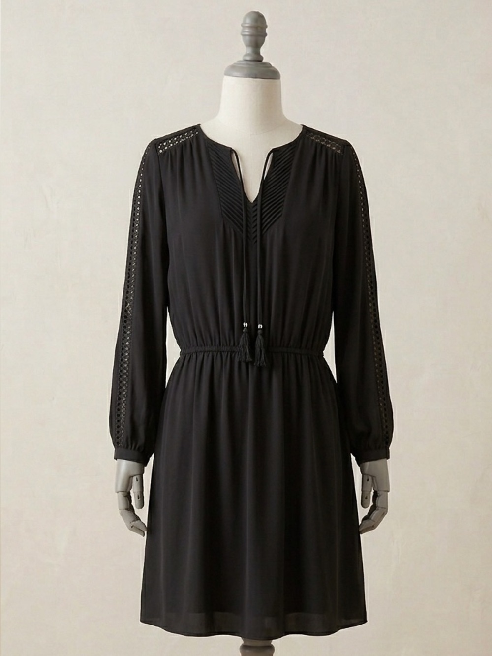 White House Black Market Black Long Sleeve Pleated Waist Dress